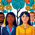 **Prompt 1: Empowering Talent Ecosystem**
    Vibrant illustration showing diverse individuals thriving within a supportive, growth-oriented corporate ecosystem. Central figures are actively learning, collaborating, and innovating, surrounded by subtle digital interfaces or platforms. Emphasize concepts of "empowerment," "continuous growth," and "self-realization" rather than traditional recruitment. Use bright, optimistic colors and dynamic compositions to convey energy and potential.