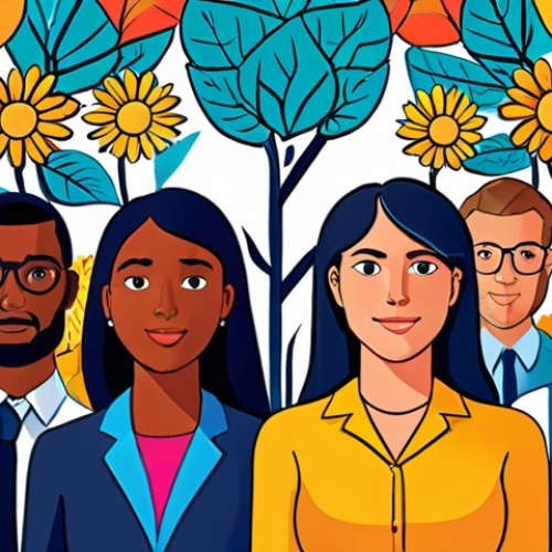 **Prompt 1: Empowering Talent Ecosystem**
    Vibrant illustration showing diverse individuals thriving within a supportive, growth-oriented corporate ecosystem. Central figures are actively learning, collaborating, and innovating, surrounded by subtle digital interfaces or platforms. Emphasize concepts of "empowerment," "continuous growth," and "self-realization" rather than traditional recruitment. Use bright, optimistic colors and dynamic compositions to convey energy and potential.