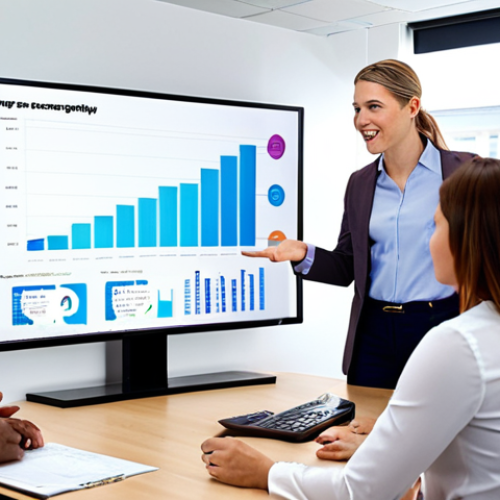 **Image Prompt:** A vibrant, modern office scene. Two business consultants, one male and one female, are presenting a data-driven strategy to a group of diverse business owners. The consultants are using a holographic display to showcase growth charts and key performance indicators (KPIs). The atmosphere is collaborative and optimistic. The style should be clean, professional, and reflect a successful business consulting firm, hinting at solving complex problems.
